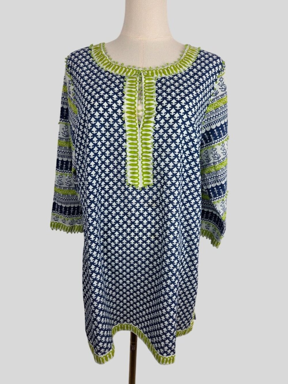 Gretchen Scott Mixed Message Bohemian Tunic Top Sz XXL Blue White Lime Green